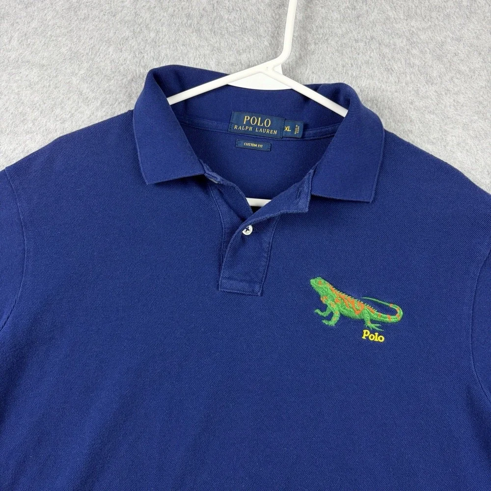 Polo Ralph Lauren Shirt‎ Mens XL Blue Iguana Lizard Logo Custom Fit Cotton Mesh